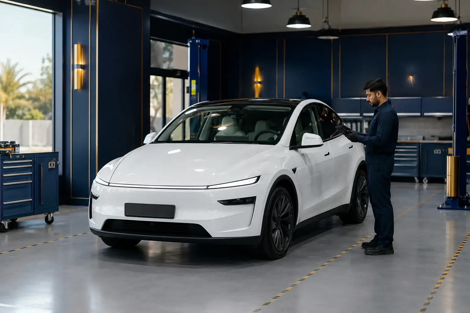 White Tesla Model Y receiving diagnostic intake in a Dubai EV workshop