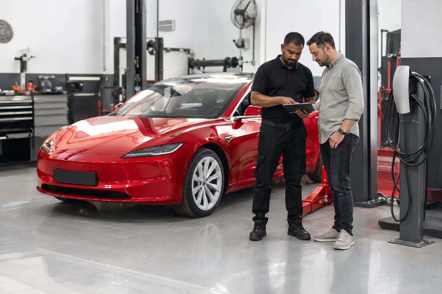 Tesla inspection findings reviewed with the owner in a Dubai workshop