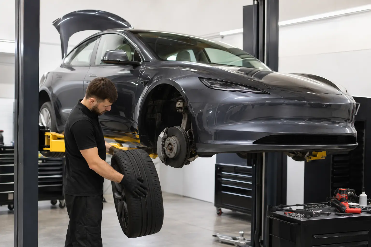 Technician inspecting Tesla tires brakes and suspension on a workshop lift