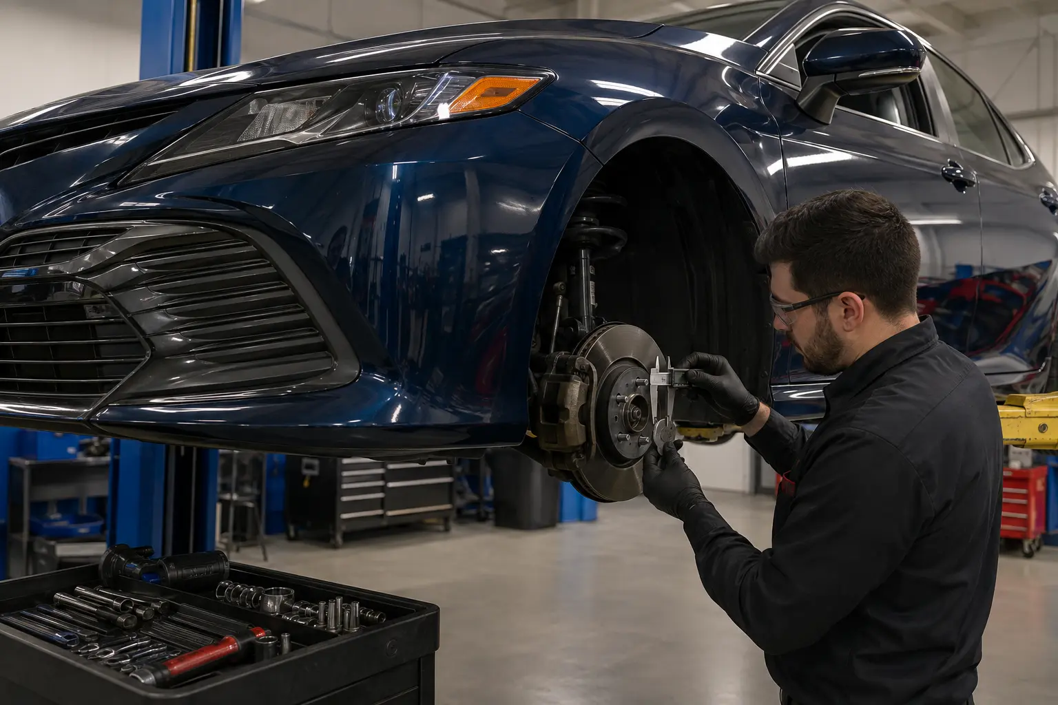 Technician measuring Toyota brake components with the wheel removed