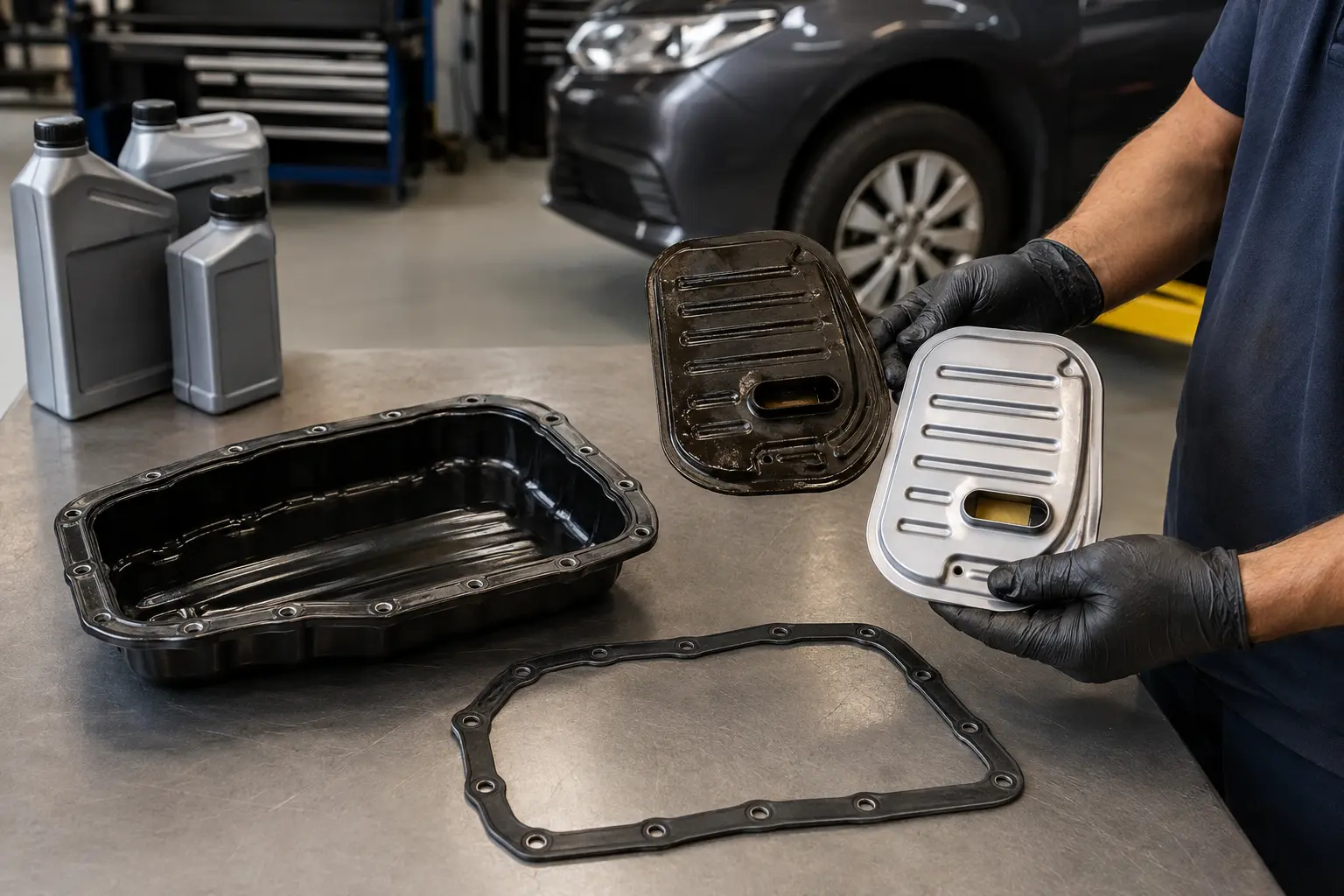 Technician comparing automatic transmission filters, pan gasket and cleaned transmission pan