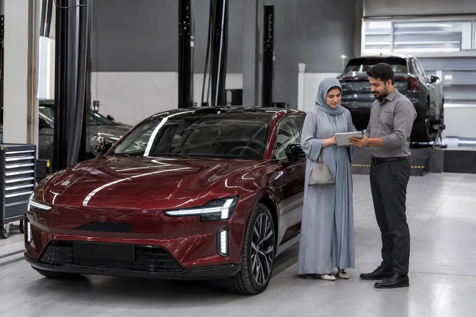 Red Volvo ES90 beside people discussing a service in a workshop illustration