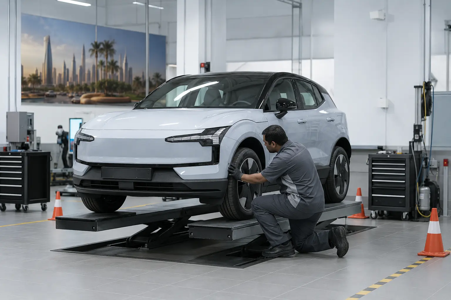 White Volvo EX30 on a lift in a workshop illustration