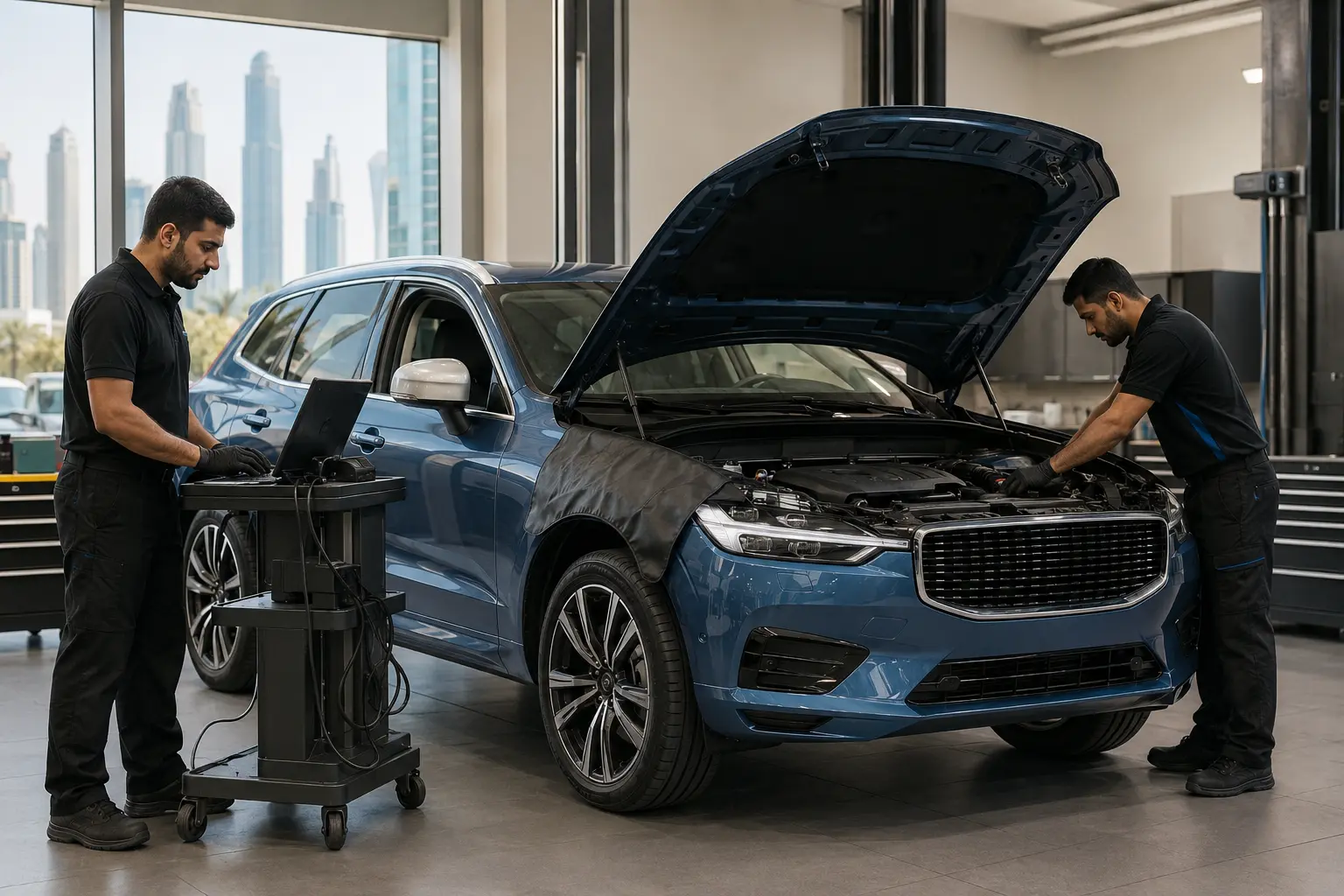 Blue Volvo XC60 with bonnet open in a workshop illustration