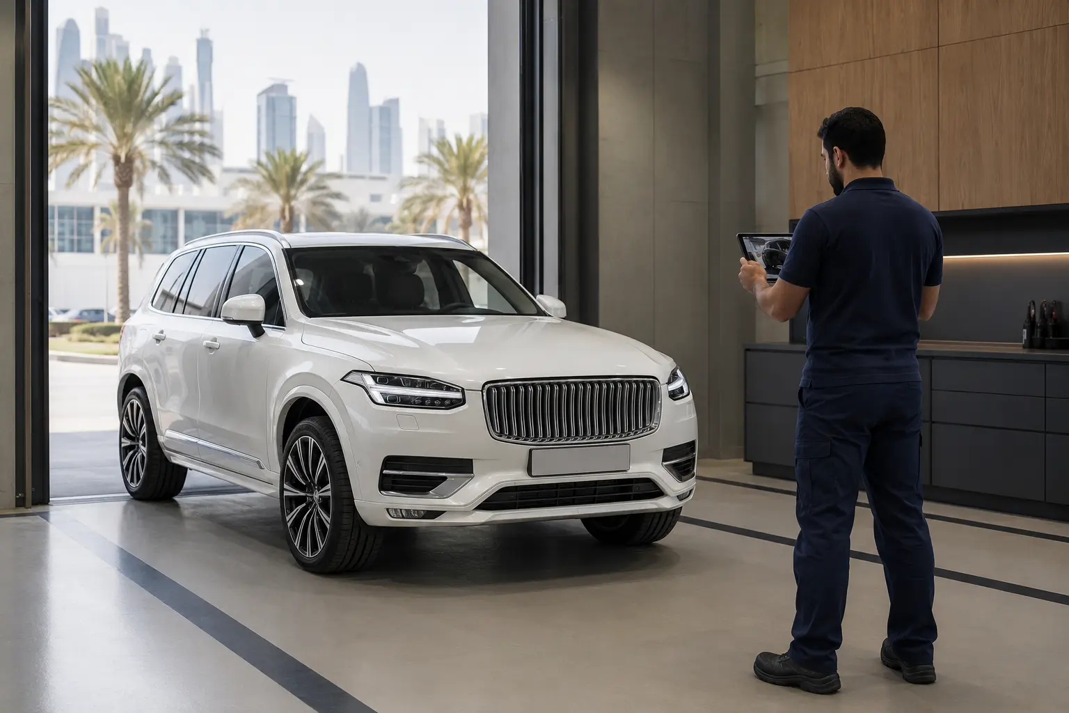 White Volvo XC90 in an indoor workshop scene with a technician nearby