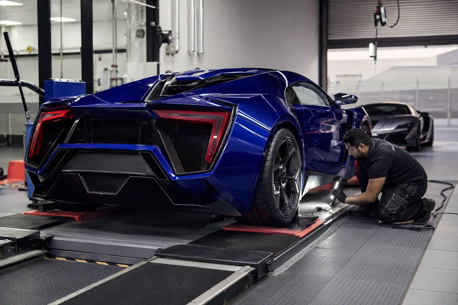 Technician beside a low sports car on a loading platform