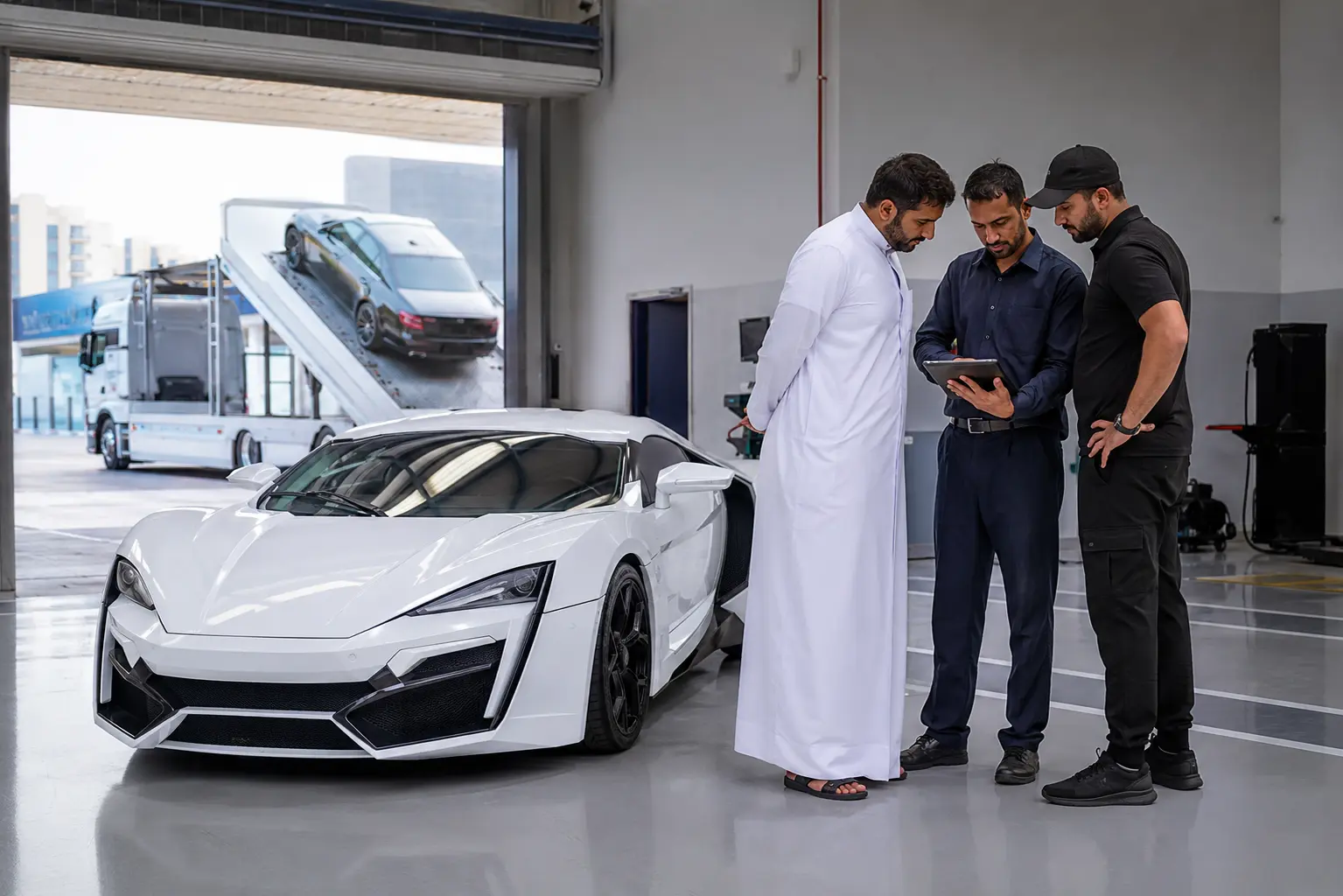 Workshop team pictured beside a sports car