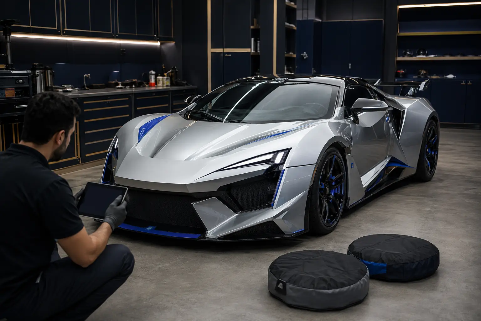Low sports car pictured in a workshop handling scene