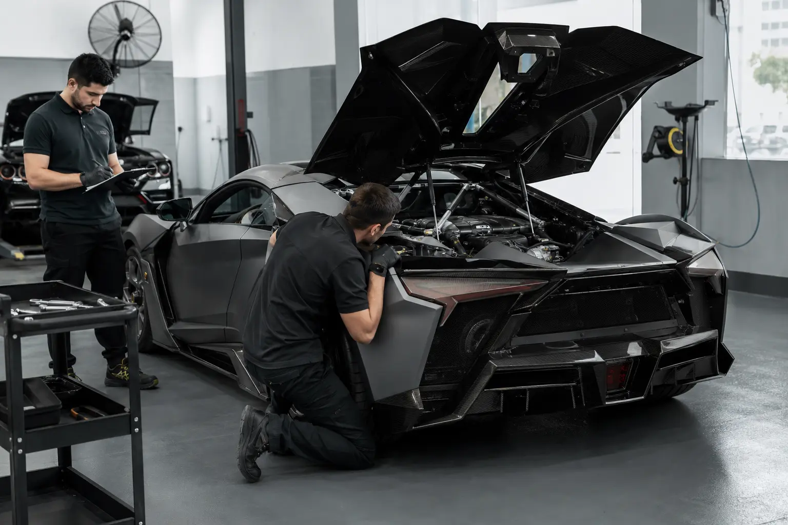 Technician examining the rear area of a sports car