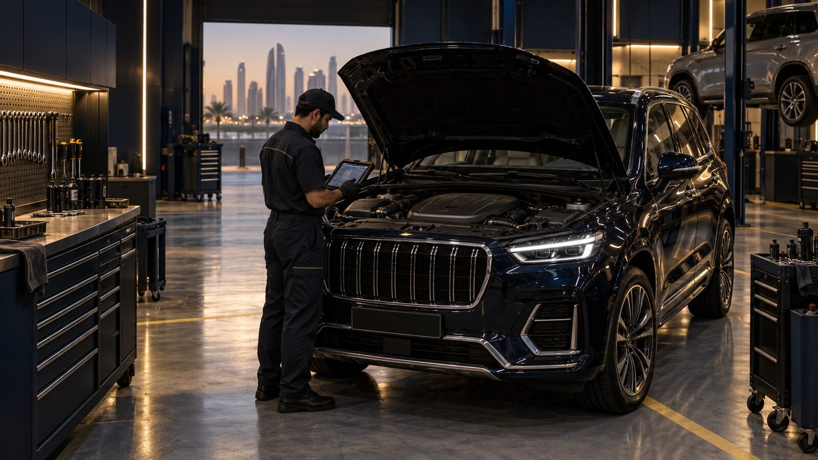 Technician diagnosing a luxury SUV for an Abu Dhabi customer