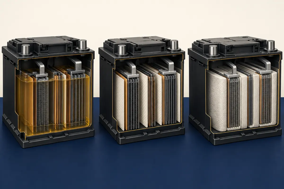 Cutaway comparison of flooded EFB and AGM car battery construction