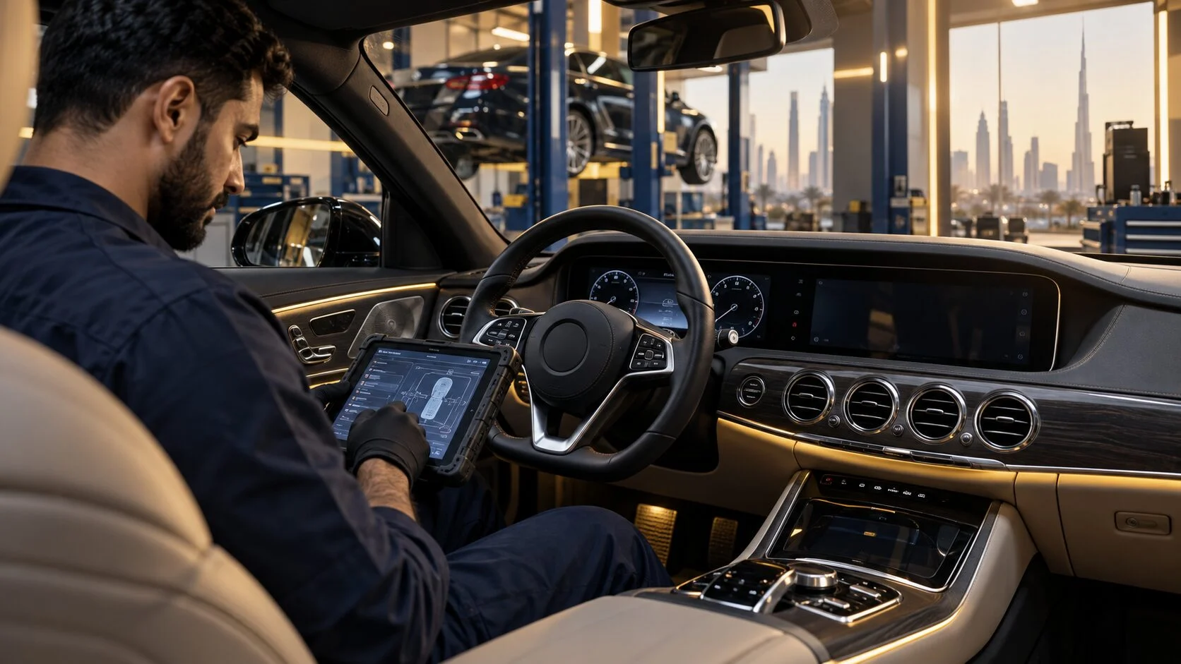 Technician checking a car airbag and SRS warning in Dubai