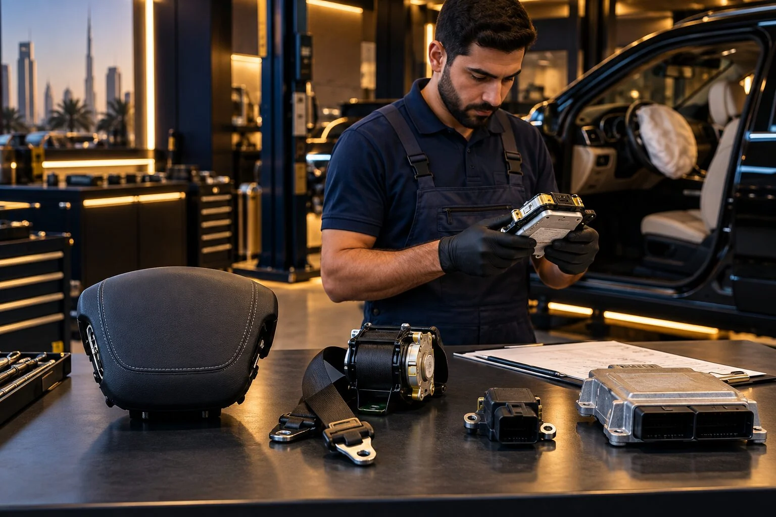 Airbag module, pretensioner and sensor prepared for inspection