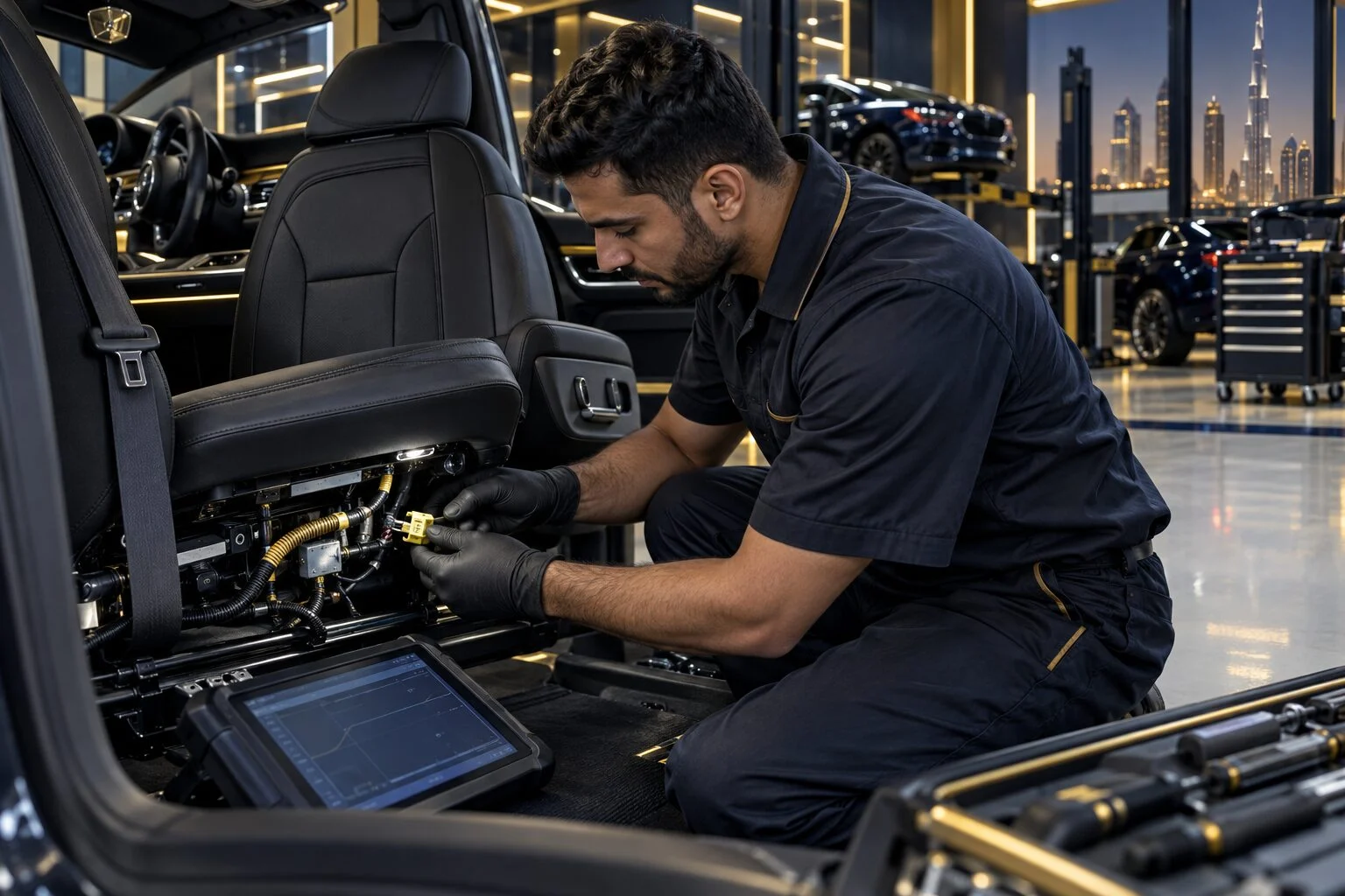 Technician inspecting seat belt pretensioner and SRS wiring