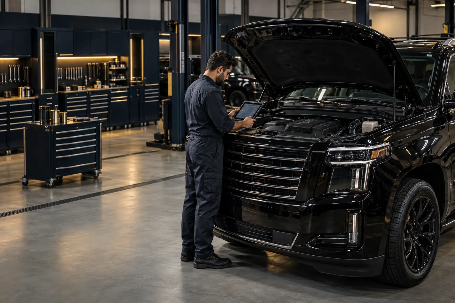 Technician reviewing diagnostic readings beside an open engine bay