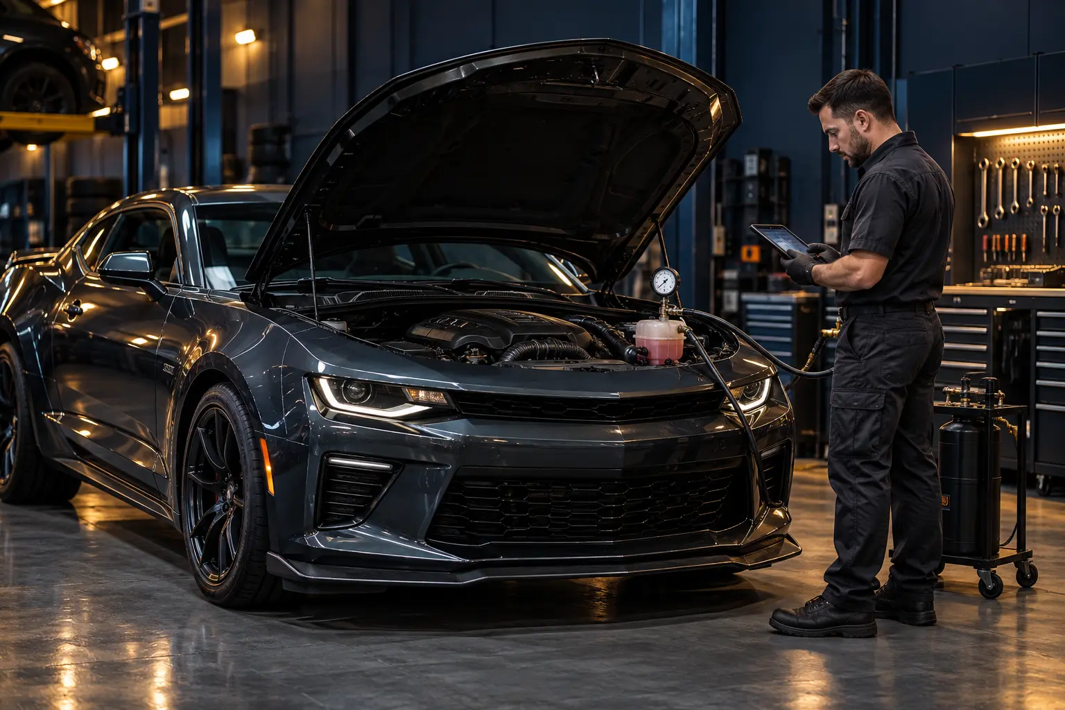 Technician testing the cooling system of an American performance car