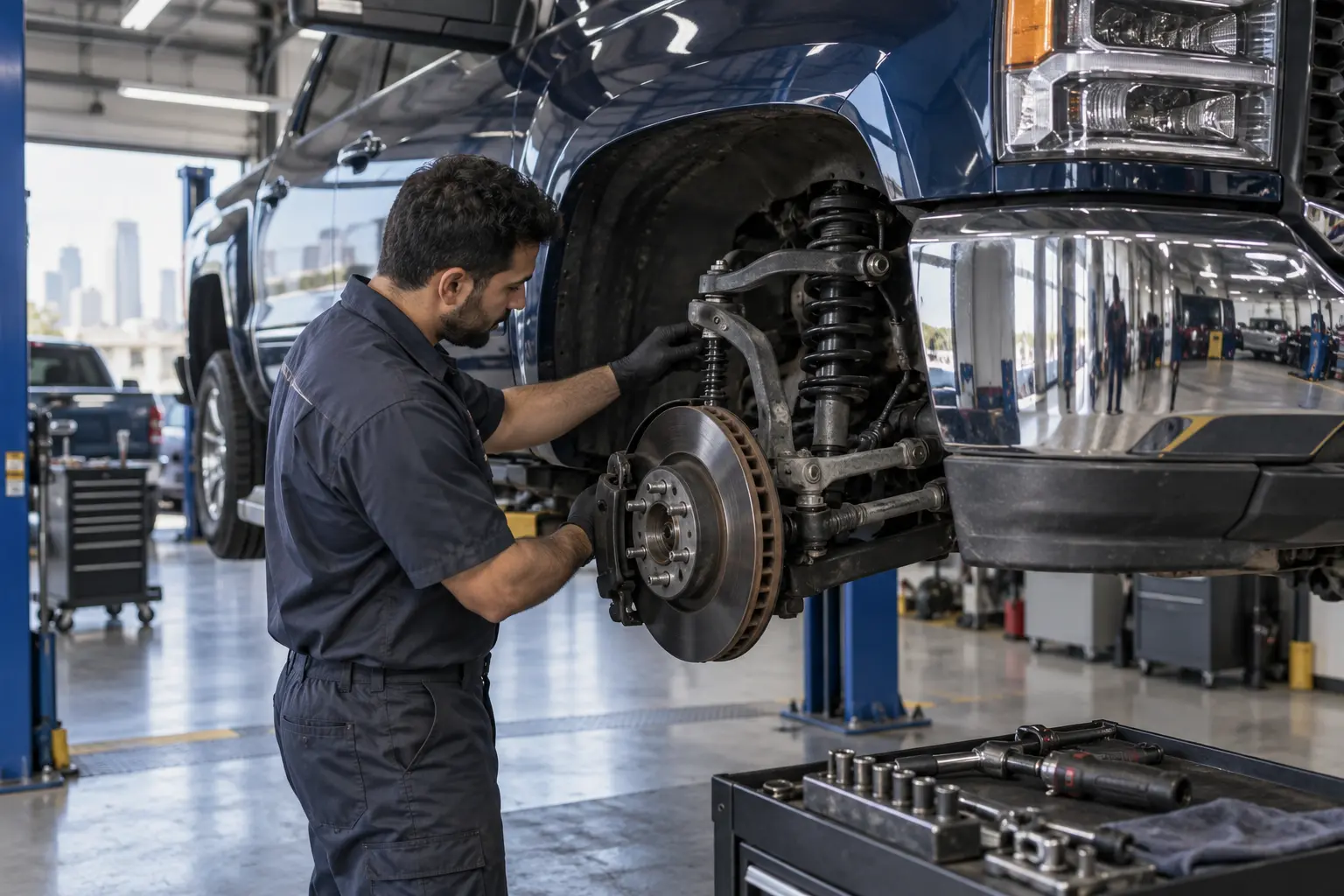 Technician inspecting the suspension and brakes of an American pickup truck