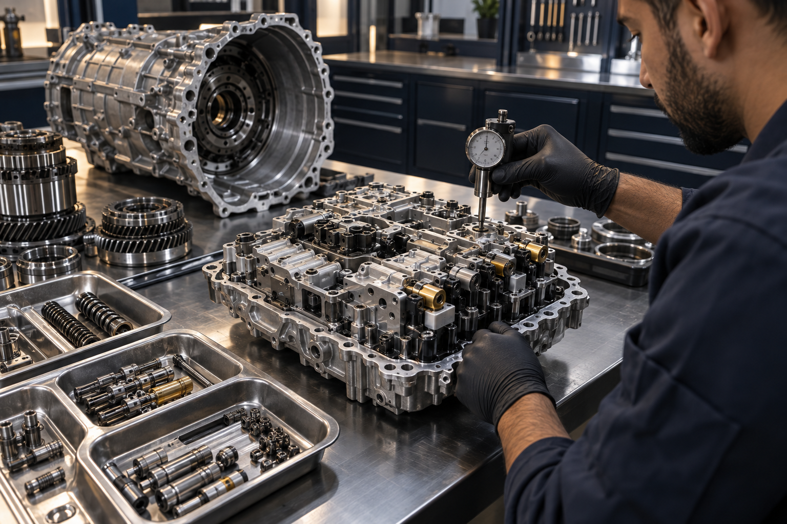 Technician measuring an automatic transmission mechatronic assembly