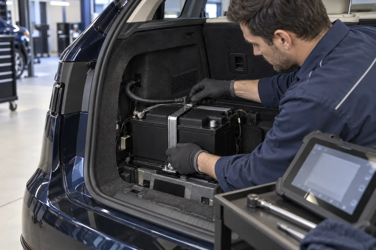 Technician fitting a rear-mounted car battery with diagnostic equipment nearby