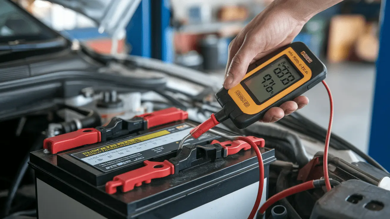 Handheld tester connected to a vehicle battery
