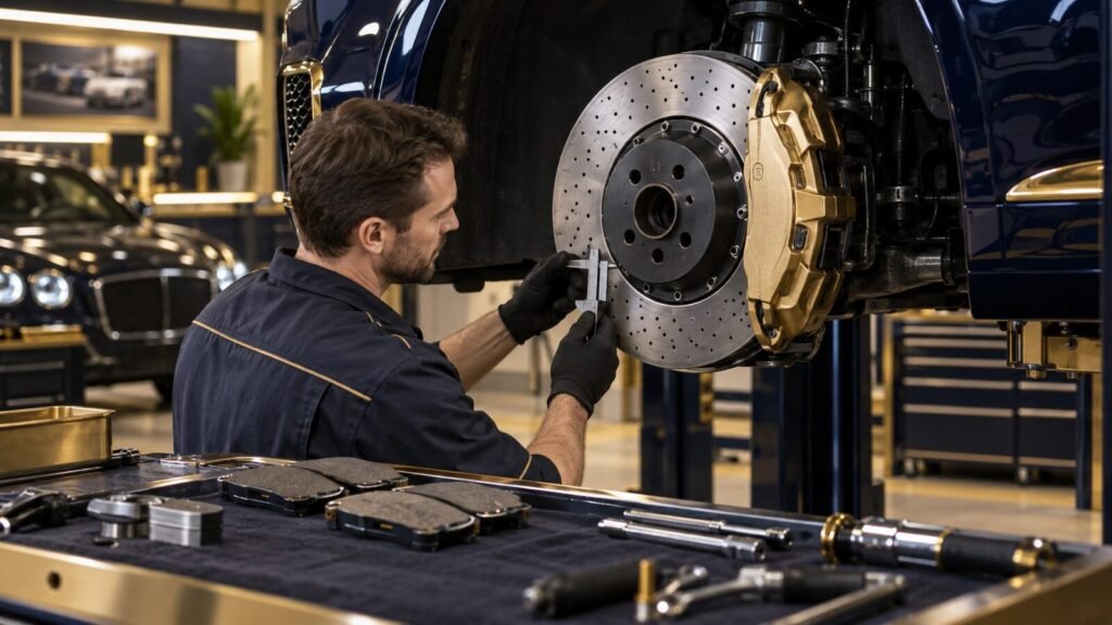 Technician measuring a Bentley brake disc and pad condition