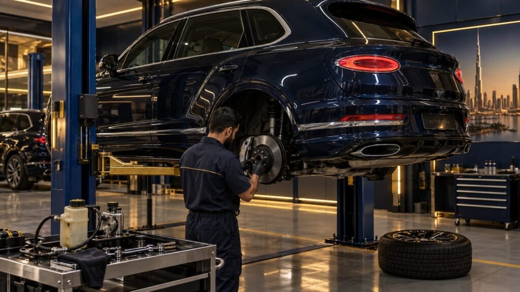 Bentley brake, tyre and suspension inspection on a workshop lift