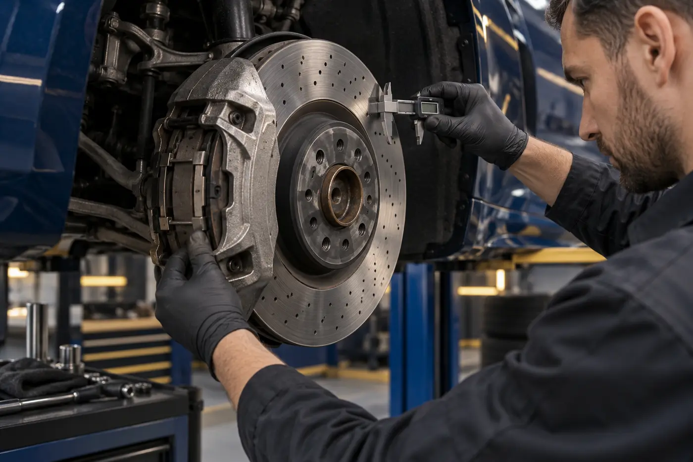 BMW brake pad and disc measurement with the wheel removed