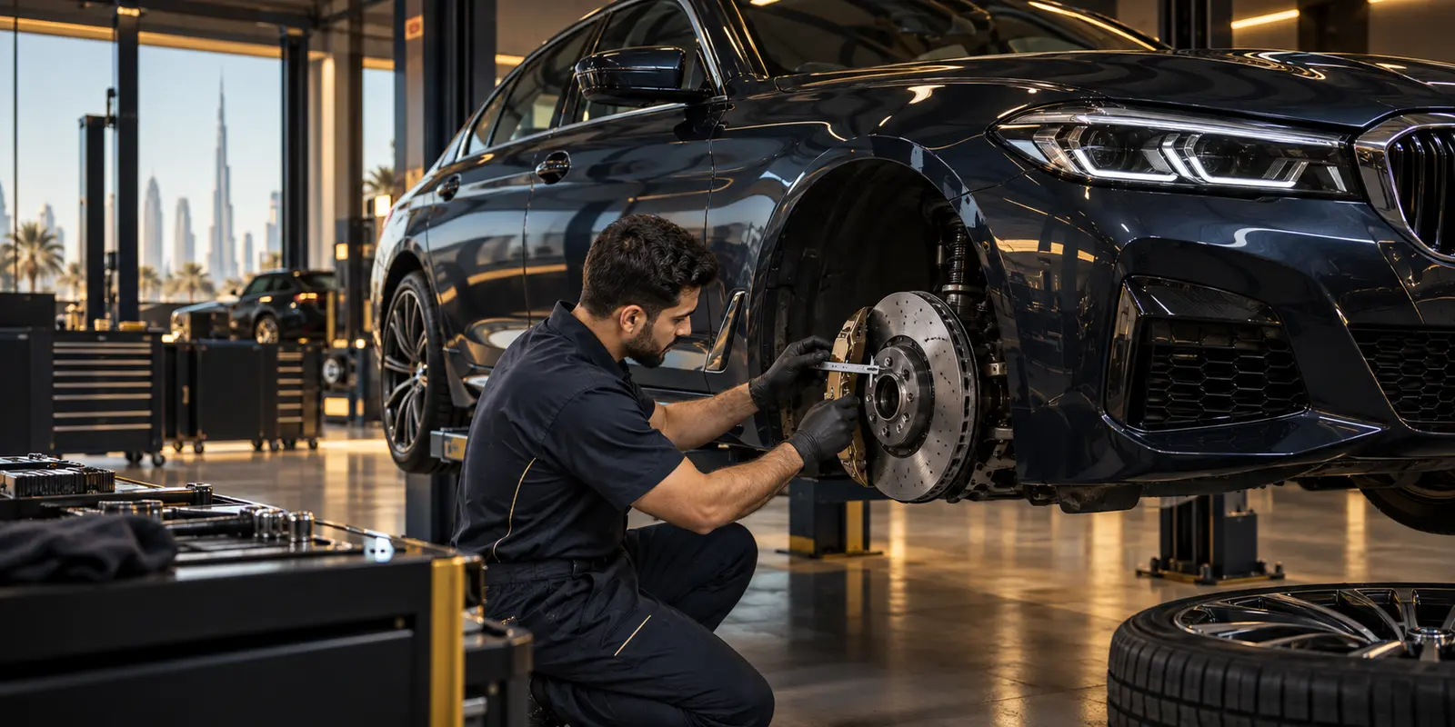 Technician inspecting a BMW brake disc and caliper in a Dubai workshop