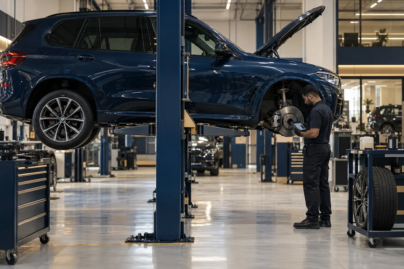 BMW SUV brake system diagnosis on a workshop lift