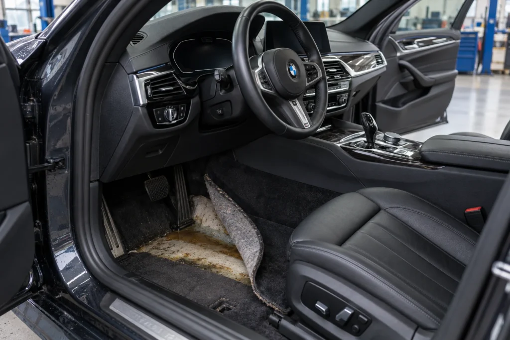Illustration of a modern BMW cabin with carpet lifted to reveal damp underlay and flood residue