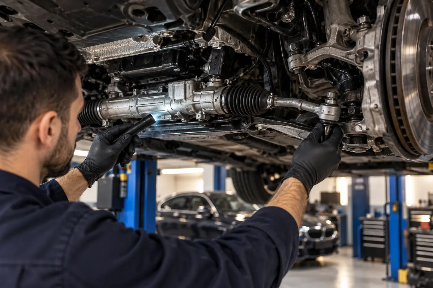 Technician inspecting a BMW steering rack and tie rod
