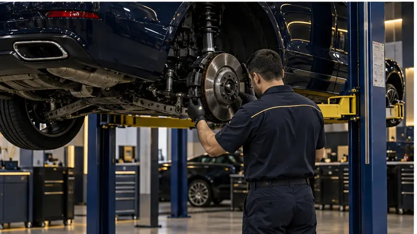 British car brake and suspension inspection in a Dubai workshop