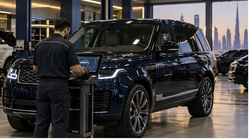 British luxury car undergoing diagnostic inspection in Dubai
