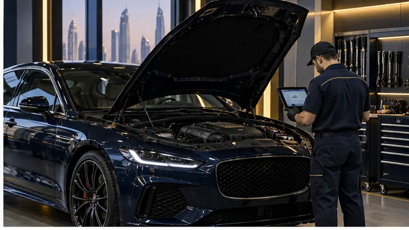 Technician diagnosing a British performance car in Dubai