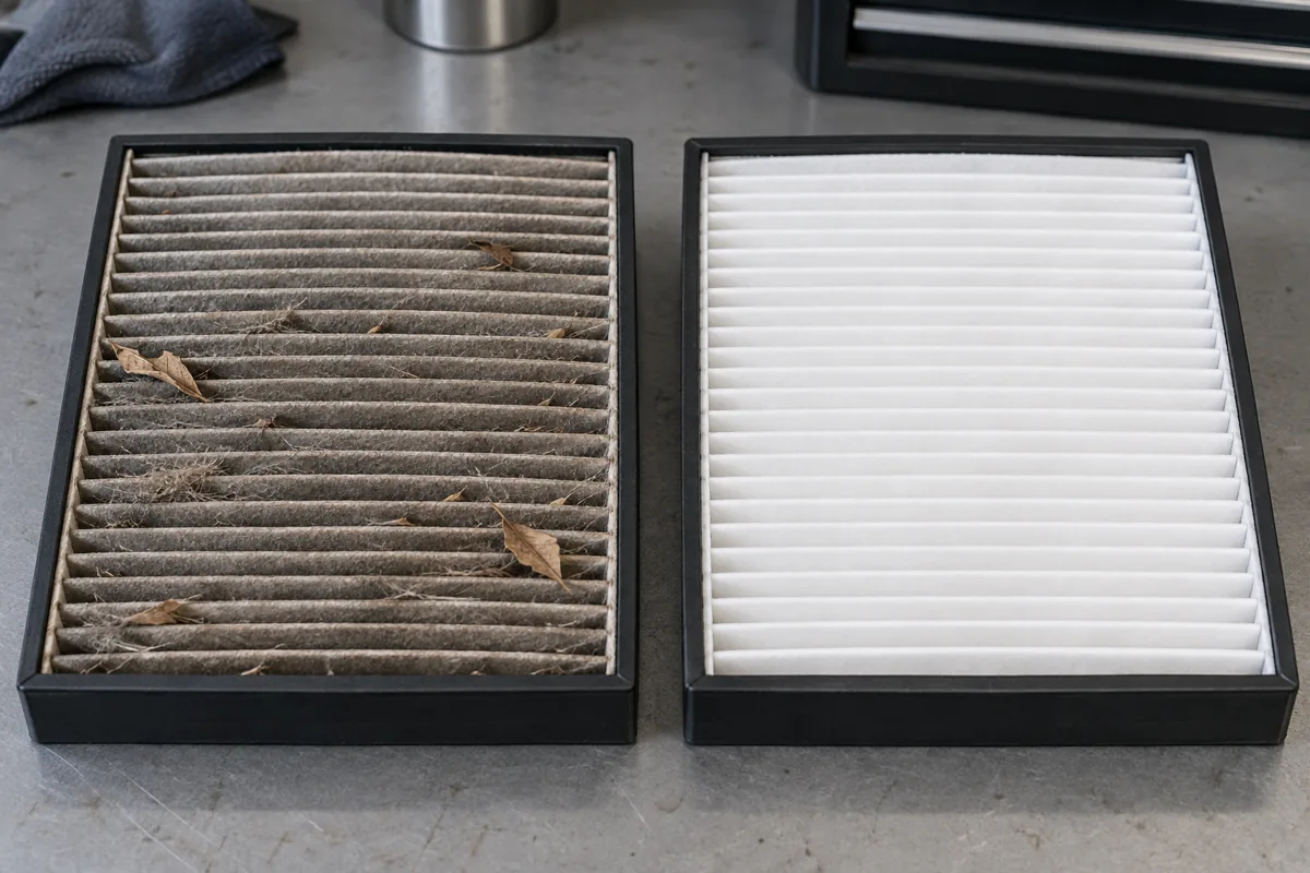 Dust-loaded cabin air filter beside a clean replacement filter