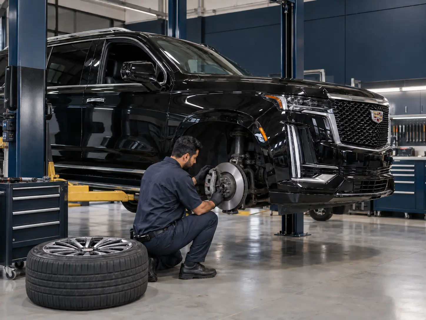 Cadillac SUV receiving front brake repair in an Al Quoz workshop