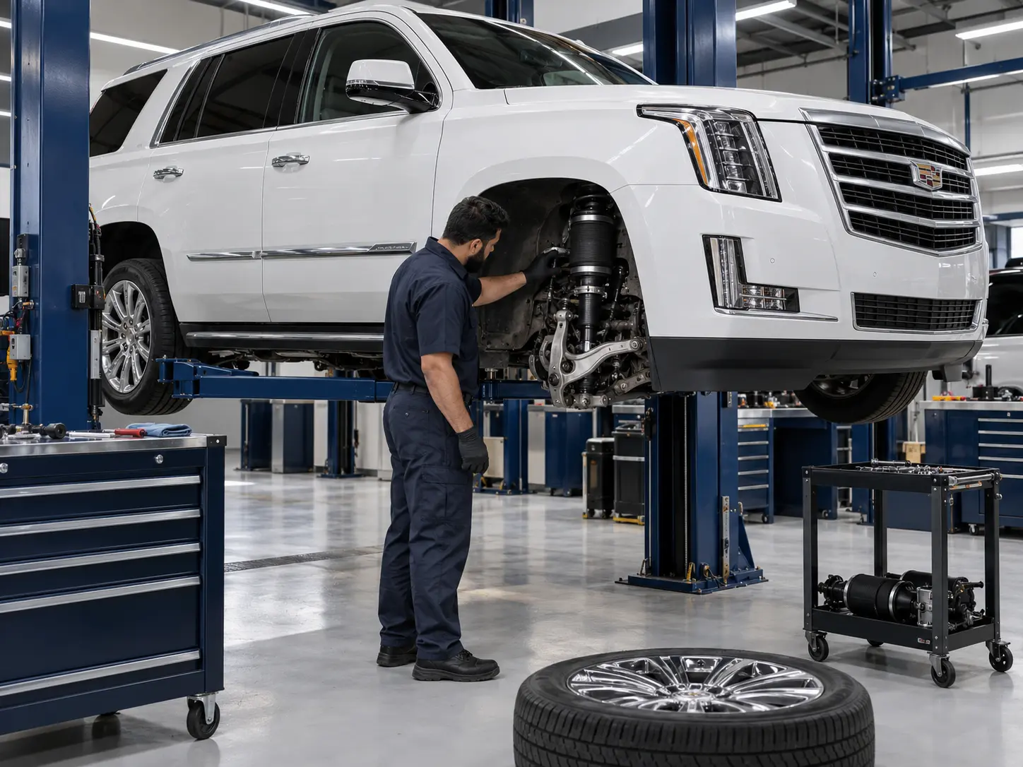 Cadillac SUV undergoing air suspension inspection in a Dubai workshop