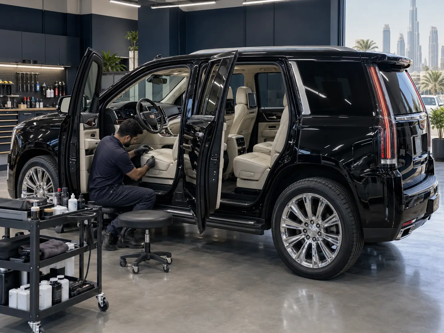 Technician repairing the leather seat inside a Cadillac SUV in Dubai