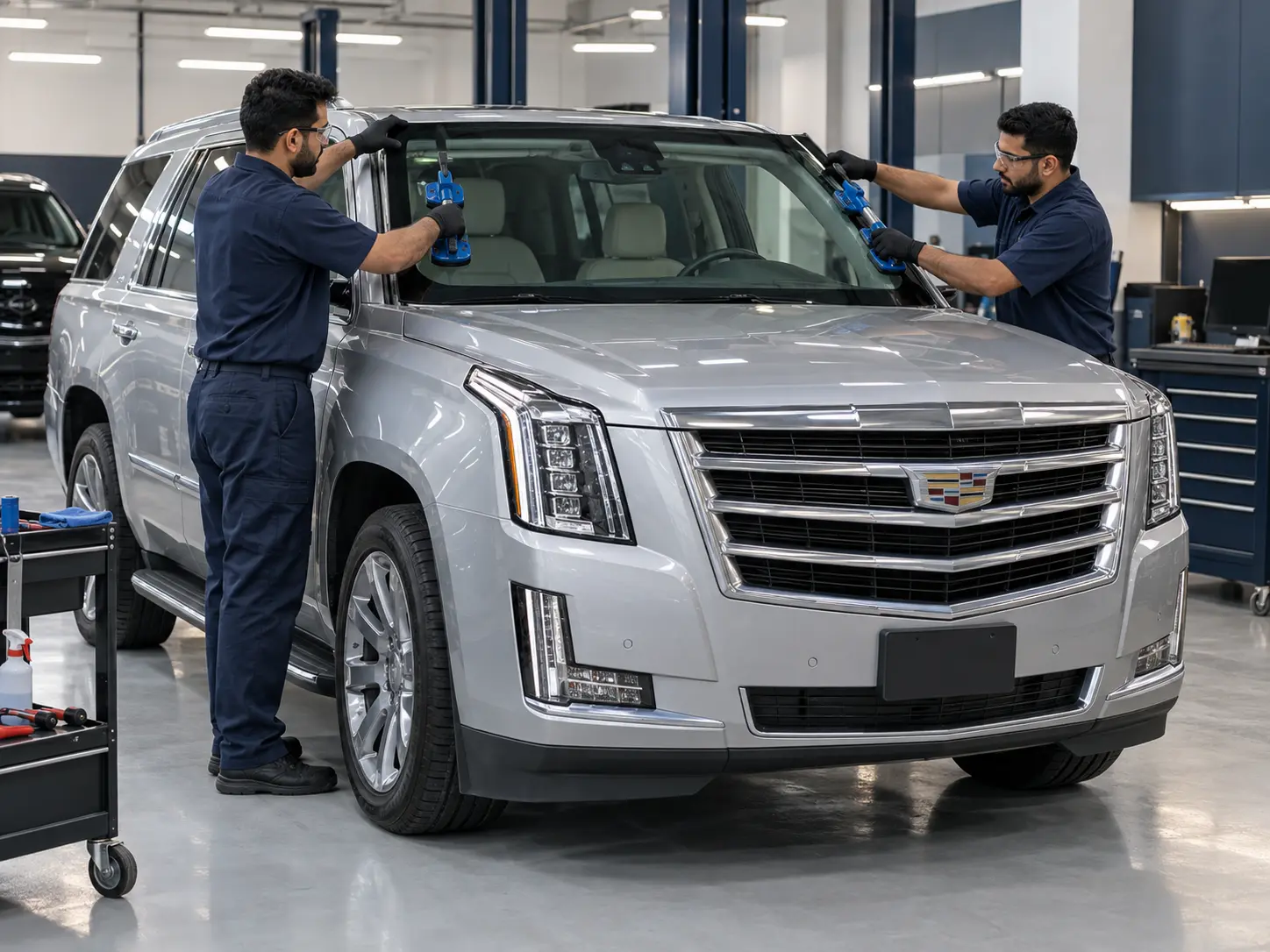 Technicians fitting a new windscreen to a Cadillac SUV in a Dubai workshop