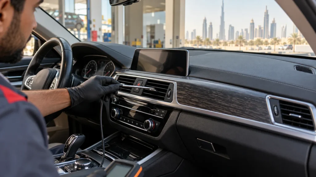 Technician positioning a temperature probe at a dashboard air vent