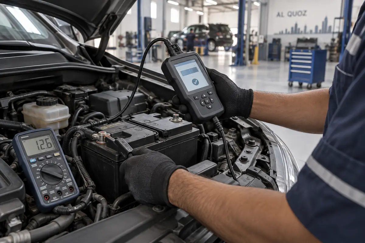 Technician testing a car battery with a conductance tester and multimeter