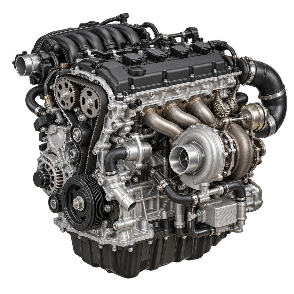 Modern turbocharged car engine with six labeled inspection areas