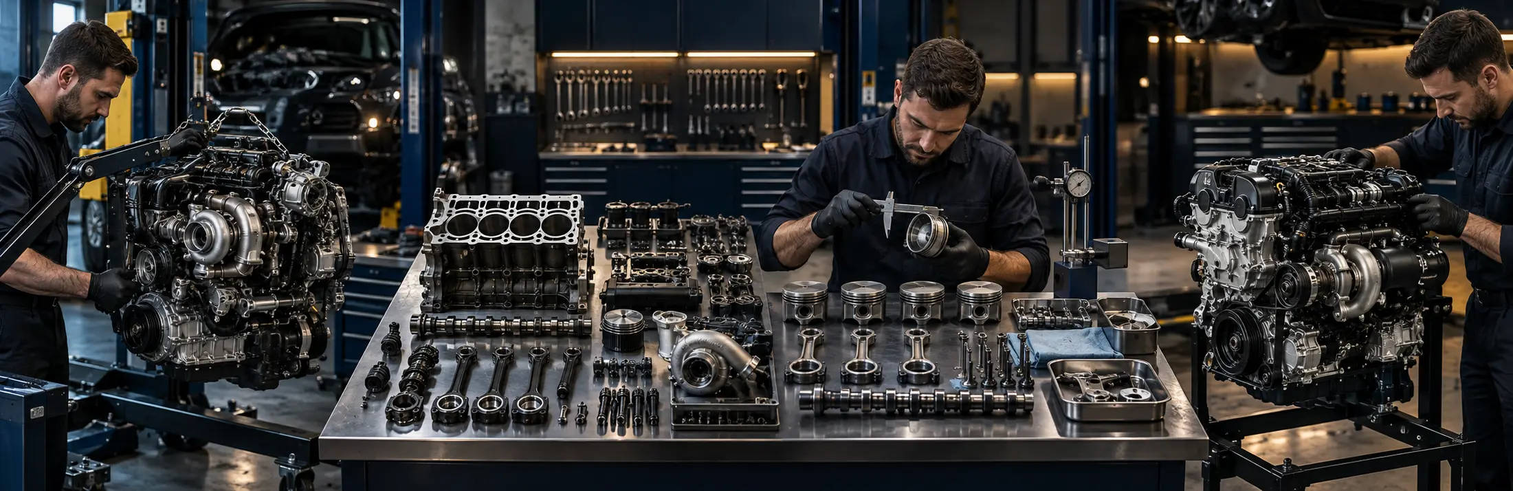Engine rebuild sequence from removal and dismantling to measurement and reassembly