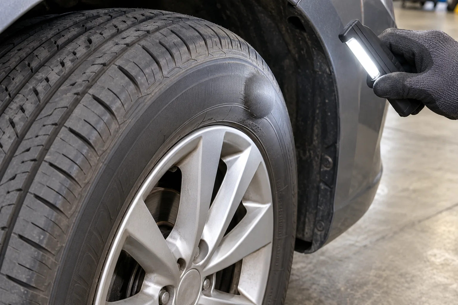 Outward bulge in a tire sidewall illuminated during a visual inspection