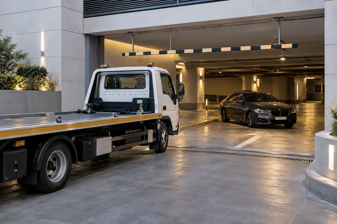 Recovery vehicle approaching a car near an underground parking entrance