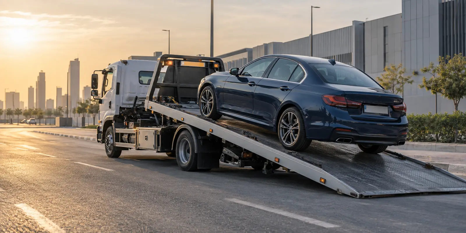 Passenger car loaded onto a flatbed recovery truck
