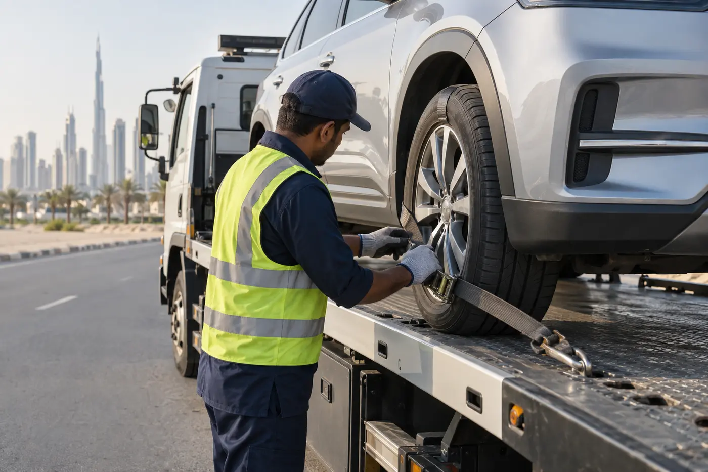 Recovery operator securing an SUV wheel to a flatbed truck