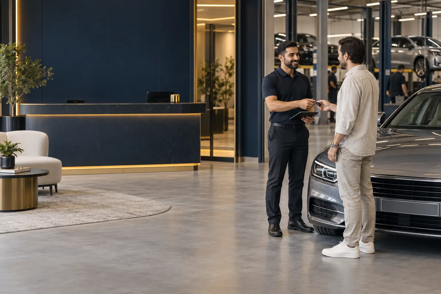 Service advisor welcoming a customer for a car repair appointment in Dubai