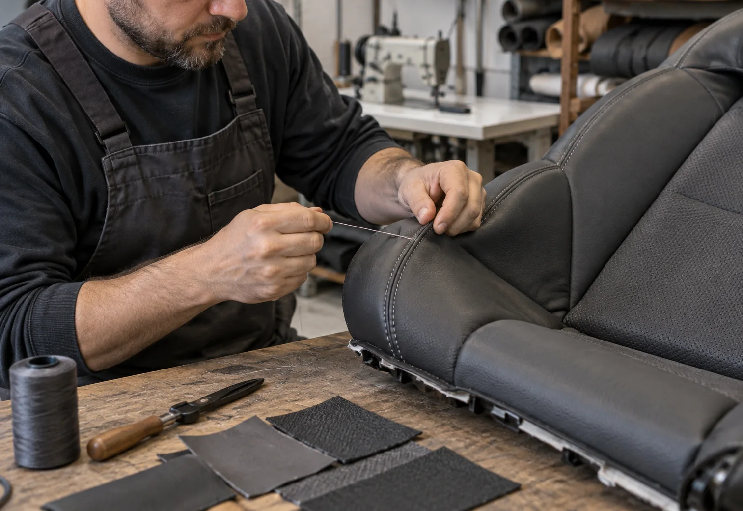 Upholstery trimmer stitching a car seat bolster panel