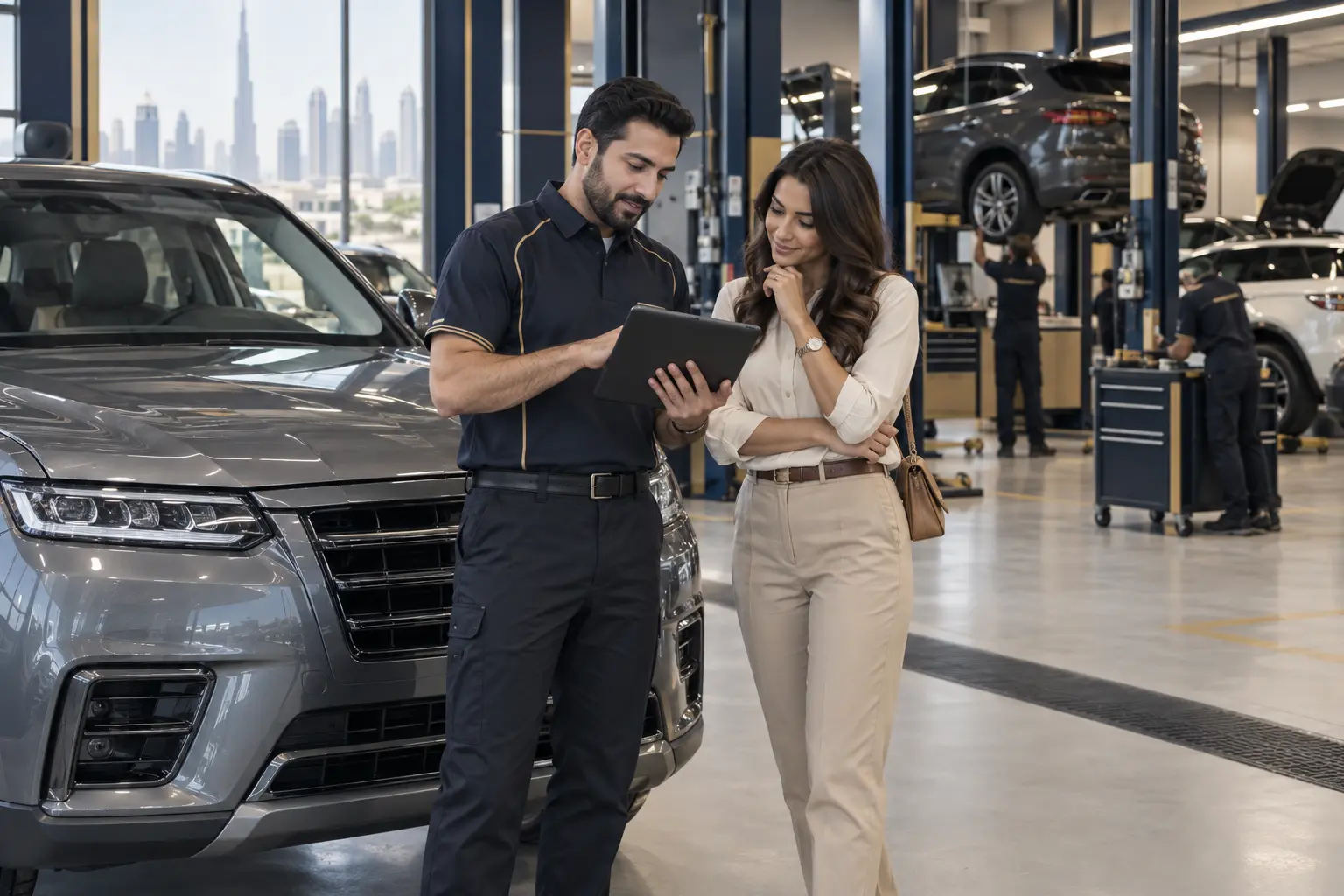 Service advisor reviewing a car repair request with a customer in Dubai